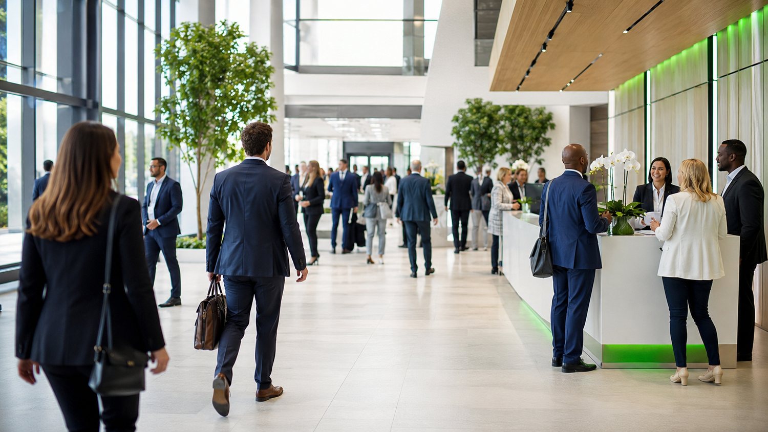 Professionals arriving in a modern congress venue lobby