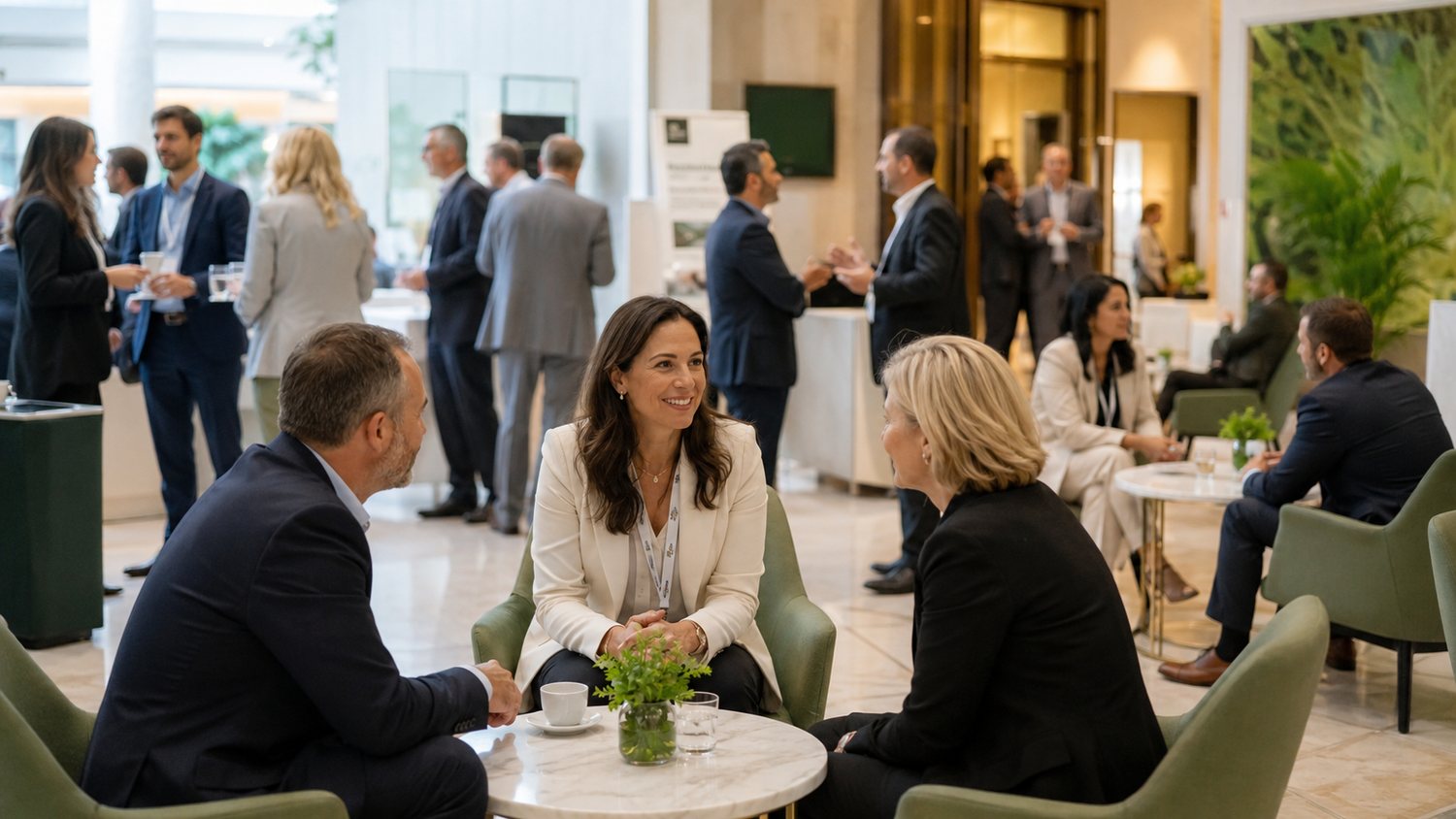 Business professionals networking in a congress venue lounge